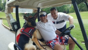 Jim Hughes Pictured with his Dog Auggie and their other golfing buddy Mike Mahoney-of TCP Sugarloaf
